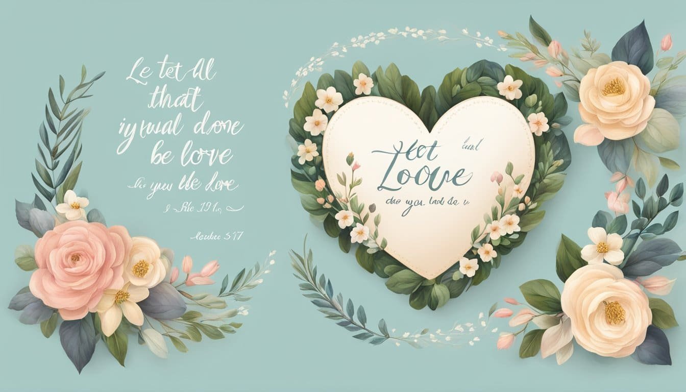 A heart-shaped wreath of flowers with the Bible verse "Let all that you do be done in love" - 1 Corinthians 16:14 written in elegant script