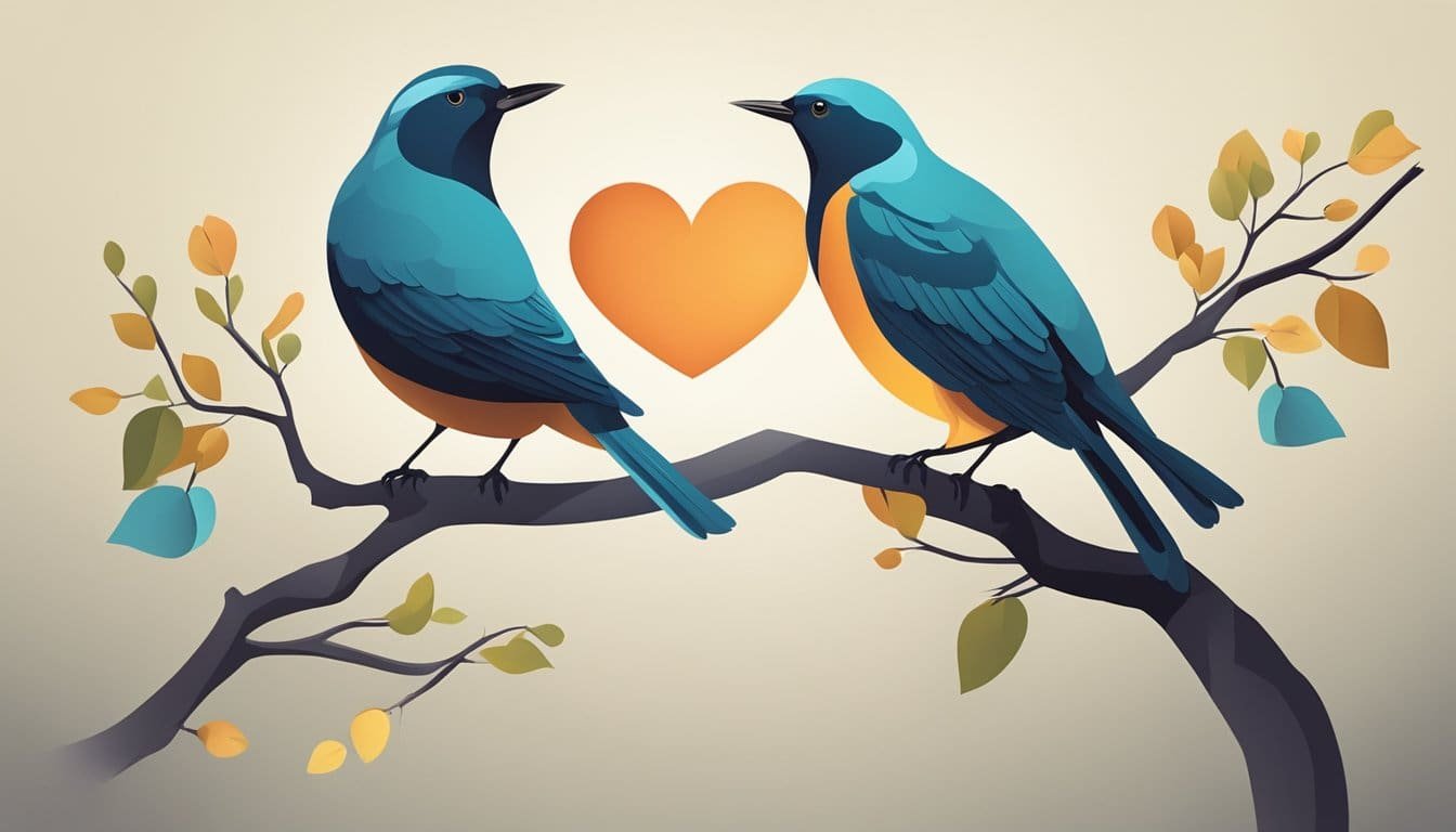 Two birds perched on a branch, facing each other, with a heart-shaped silhouette in the background