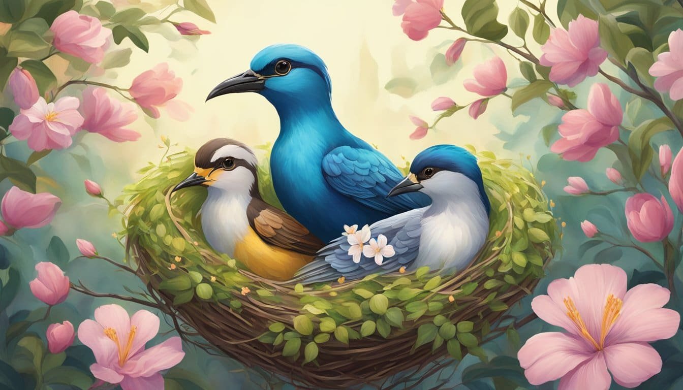 A warm embrace between two birds, nestled in a heart-shaped nest, surrounded by blooming flowers and flowing vines