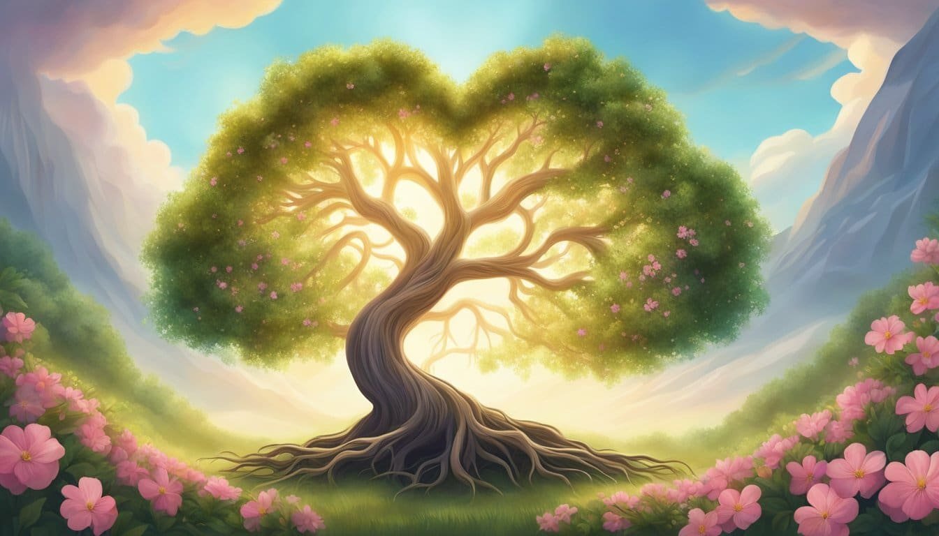 A heart-shaped tree with roots intertwined, surrounded by blooming flowers and radiant sunlight