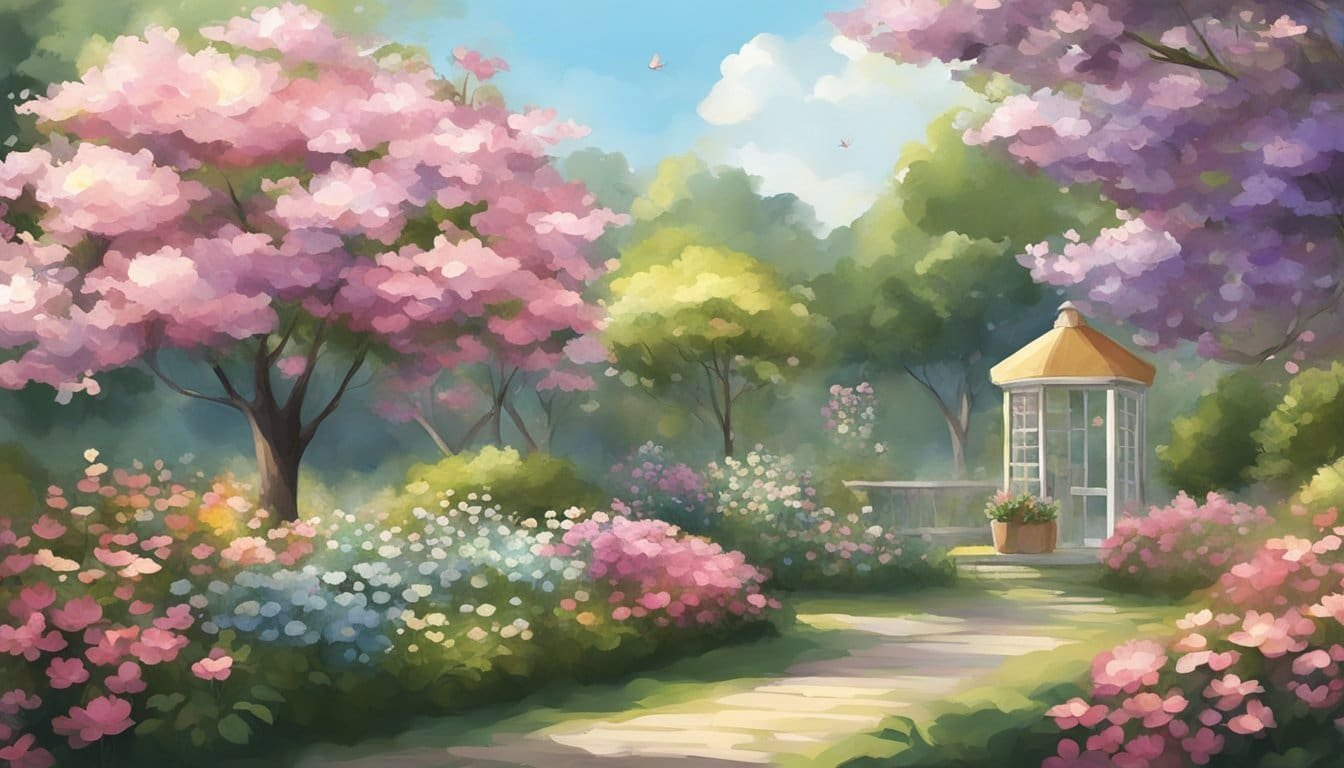 A peaceful garden with blooming flowers and a gentle breeze, representing love and harmony