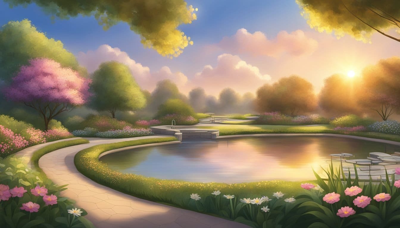 A serene garden with blooming flowers, a winding path, and a peaceful pond reflecting the sky. The sun is setting, casting a warm glow over the scene