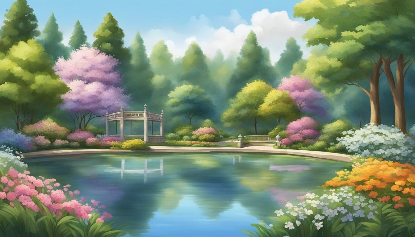 A serene garden with blooming flowers and a peaceful pond, surrounded by tall trees and a clear sky, evoking a sense of calm and patience