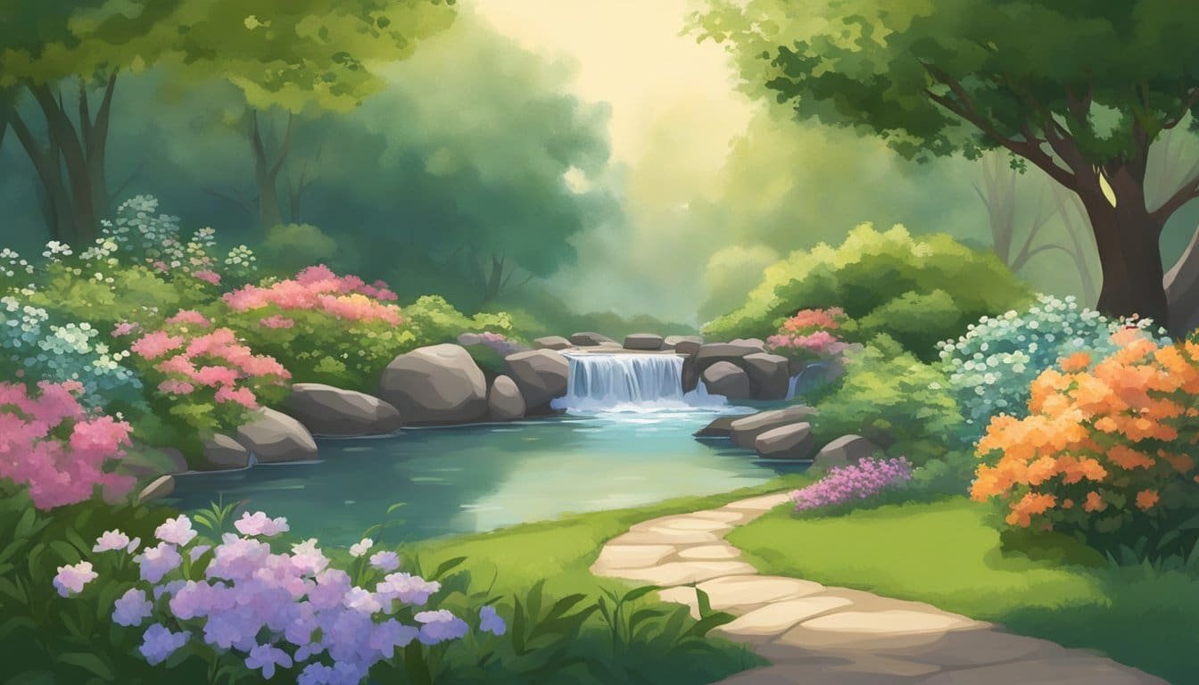 A serene garden with a flowing stream, surrounded by blooming flowers and lush greenery. A gentle breeze rustles the leaves, creating a peaceful atmosphere for prayer and meditation