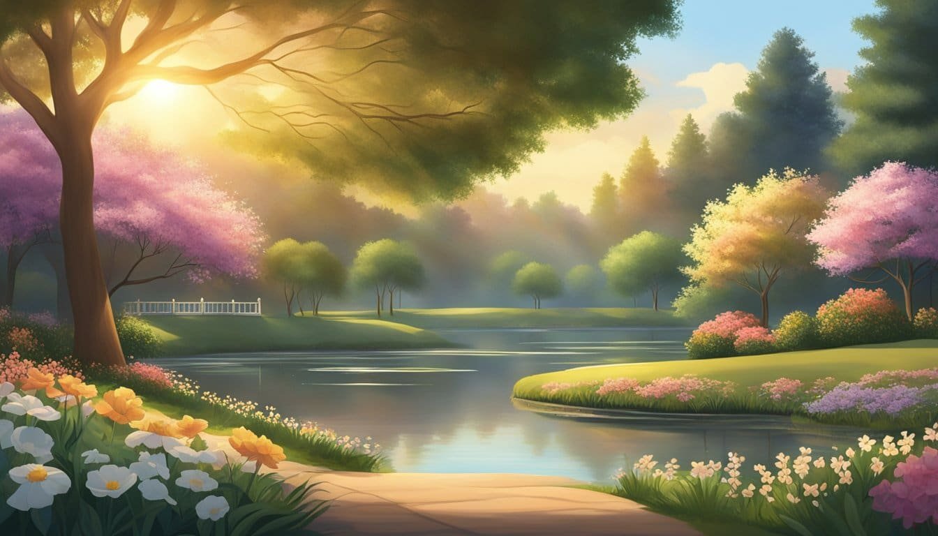 A serene garden with a peaceful pond, surrounded by blooming flowers and tall trees. The sun is setting, casting a warm glow over the scene, creating a tranquil atmosphere