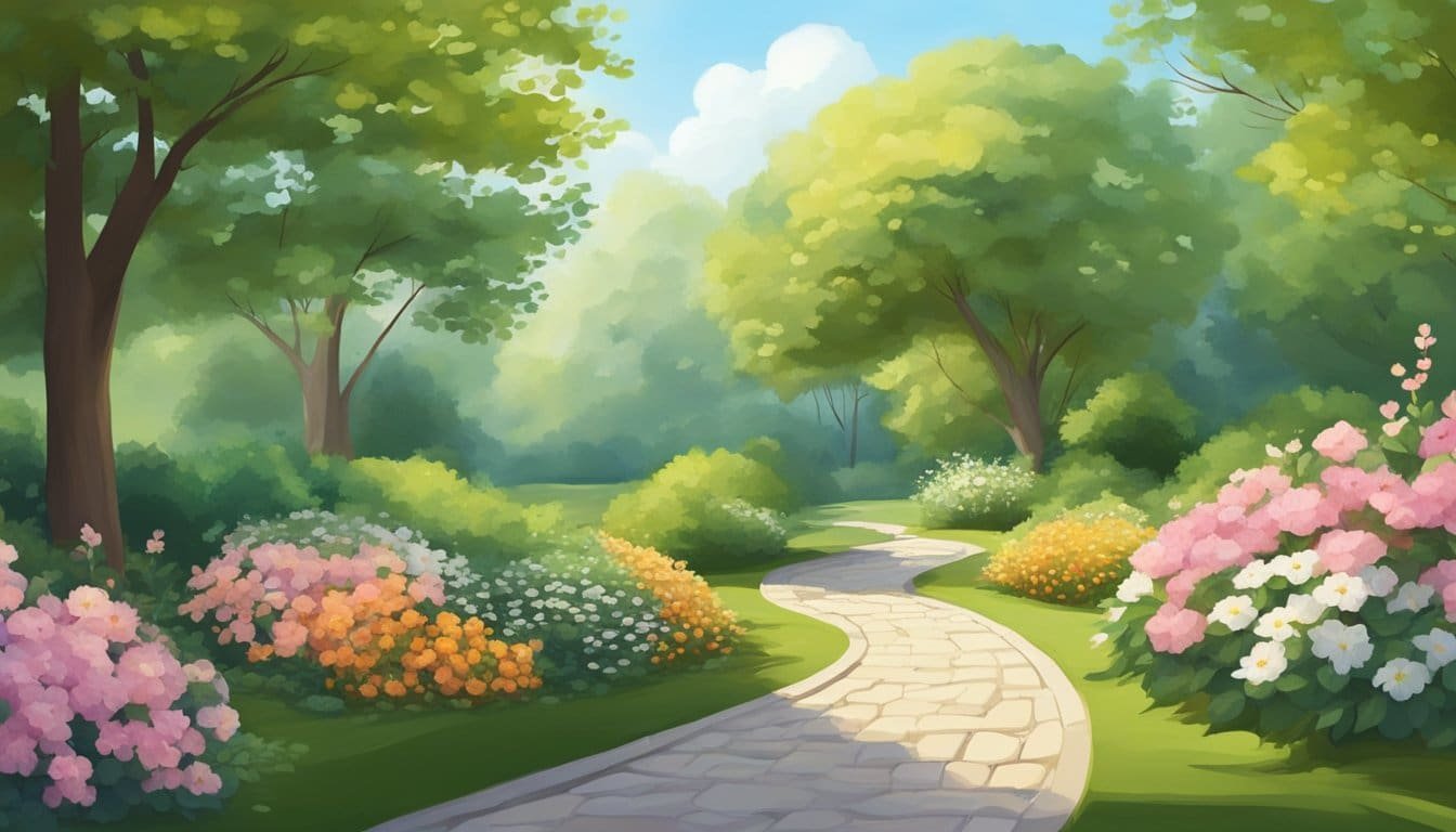 A tranquil garden with a winding path, surrounded by blooming flowers and tall trees. A gentle breeze rustles the leaves, creating a sense of peace and calm