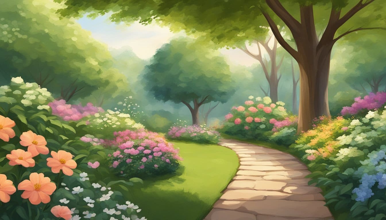 A serene garden with a winding path, surrounded by blooming flowers and lush greenery. A gentle breeze rustles the leaves of the trees, creating a peaceful and calming atmosphere
