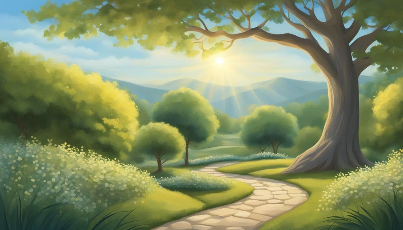 A tranquil garden with a winding path leading to a peaceful, sunlit clearing. A lone tree stands tall, its branches reaching toward the sky, symbolizing patience and trust in God's timing