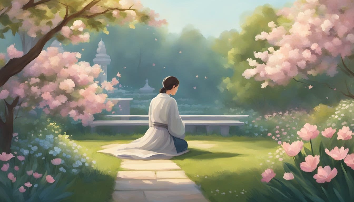 A serene garden with blooming flowers and a gentle breeze. A figure kneeling in prayer, surrounded by a sense of calm and tranquility