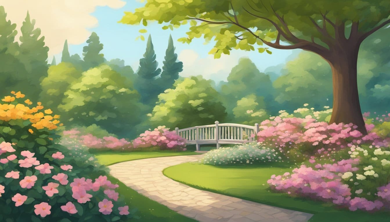 A serene garden with a winding path, surrounded by blooming flowers and tall trees. A gentle breeze rustles the leaves, creating a sense of calm and patience