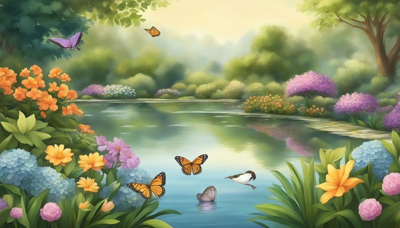 A serene garden with blooming flowers and a peaceful pond, surrounded by gentle butterflies and birds, evoking a sense of tranquility and patience
