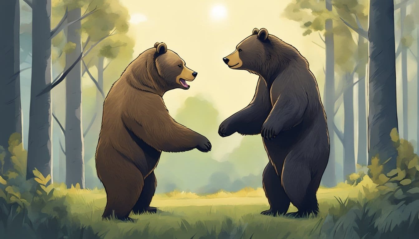 Two bears standing side by side, one bear reaching out to the other in a gesture of forgiveness