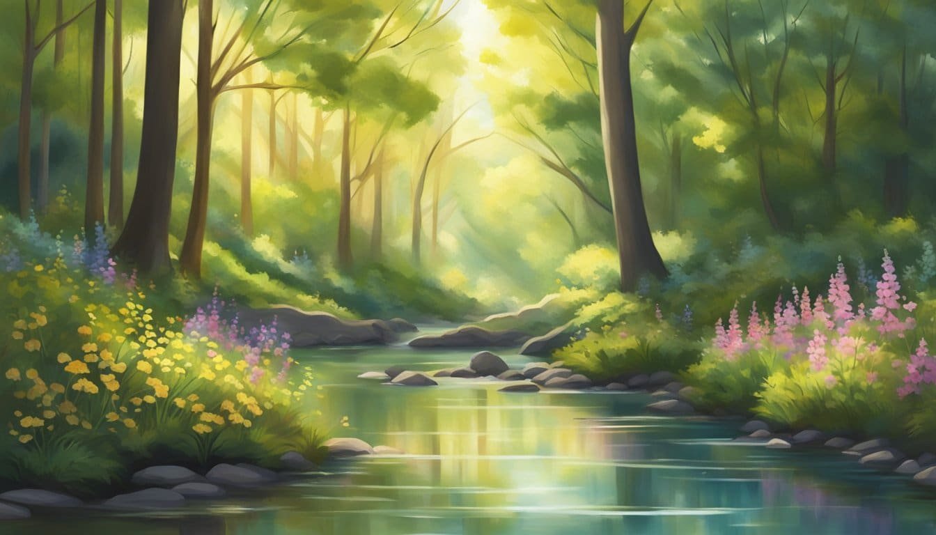 A serene forest with sunlight streaming through the trees, casting dappled shadows on a peaceful clearing. A small stream flows gently, surrounded by colorful wildflowers, creating a sense of calm and tranquility
