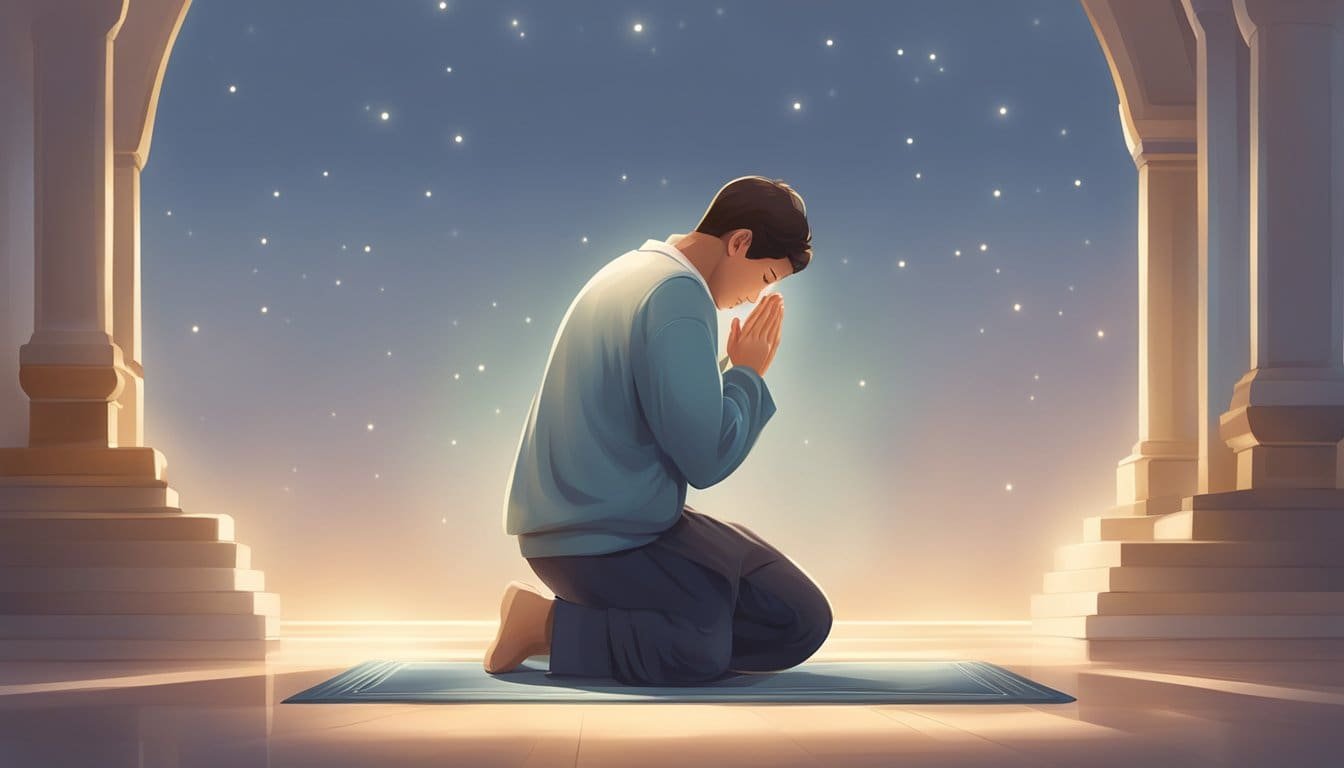 A person kneeling in prayer, with a serene expression, surrounded by soft light and peaceful atmosphere