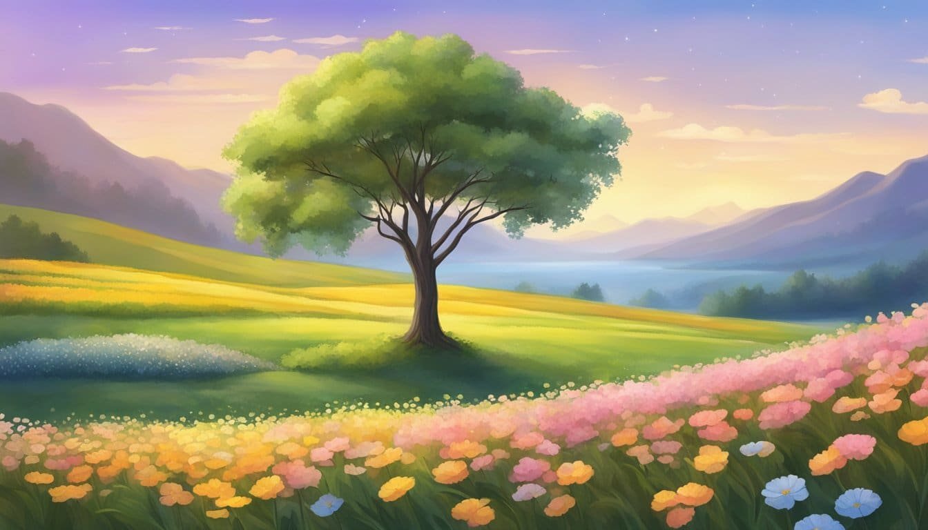 A serene landscape with a lone tree standing tall amidst a field of blooming flowers, symbolizing patience and resilience