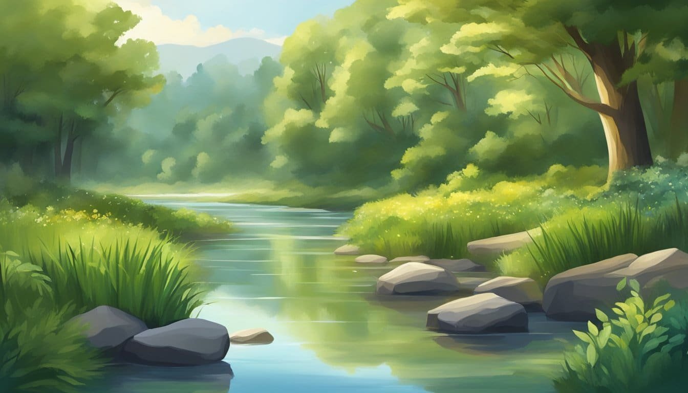 A serene landscape with a calm river flowing, surrounded by diverse trees and plants, symbolizing the unity of the Spirit and understanding others