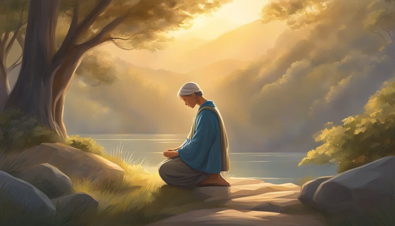 A serene figure kneels in prayer, surrounded by a peaceful, natural setting. The sun casts a warm glow, illuminating the scene as the figure seeks patience in difficult times
