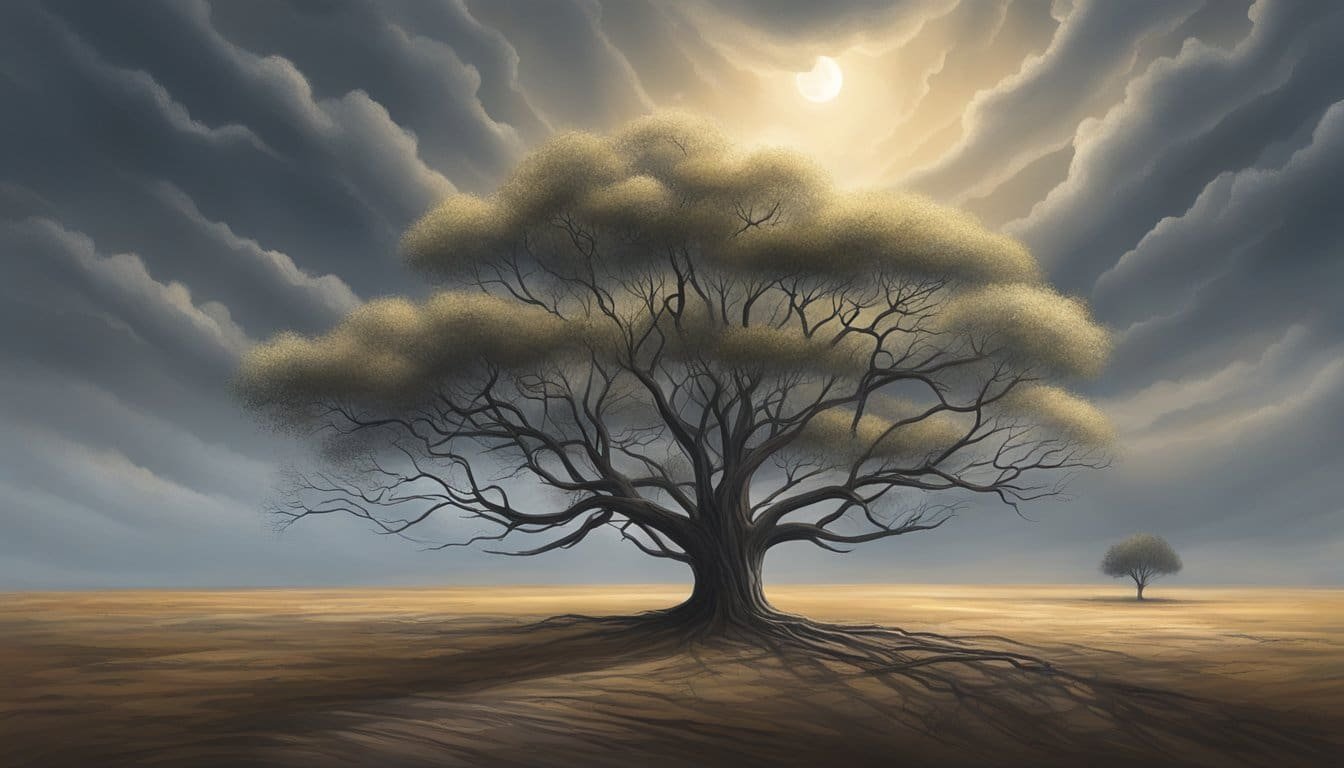 A lone tree stands in a barren landscape, its branches reaching upward in surrender. The sky is dark and stormy, but a faint glimmer of light breaks through the clouds, offering a glimpse of hope