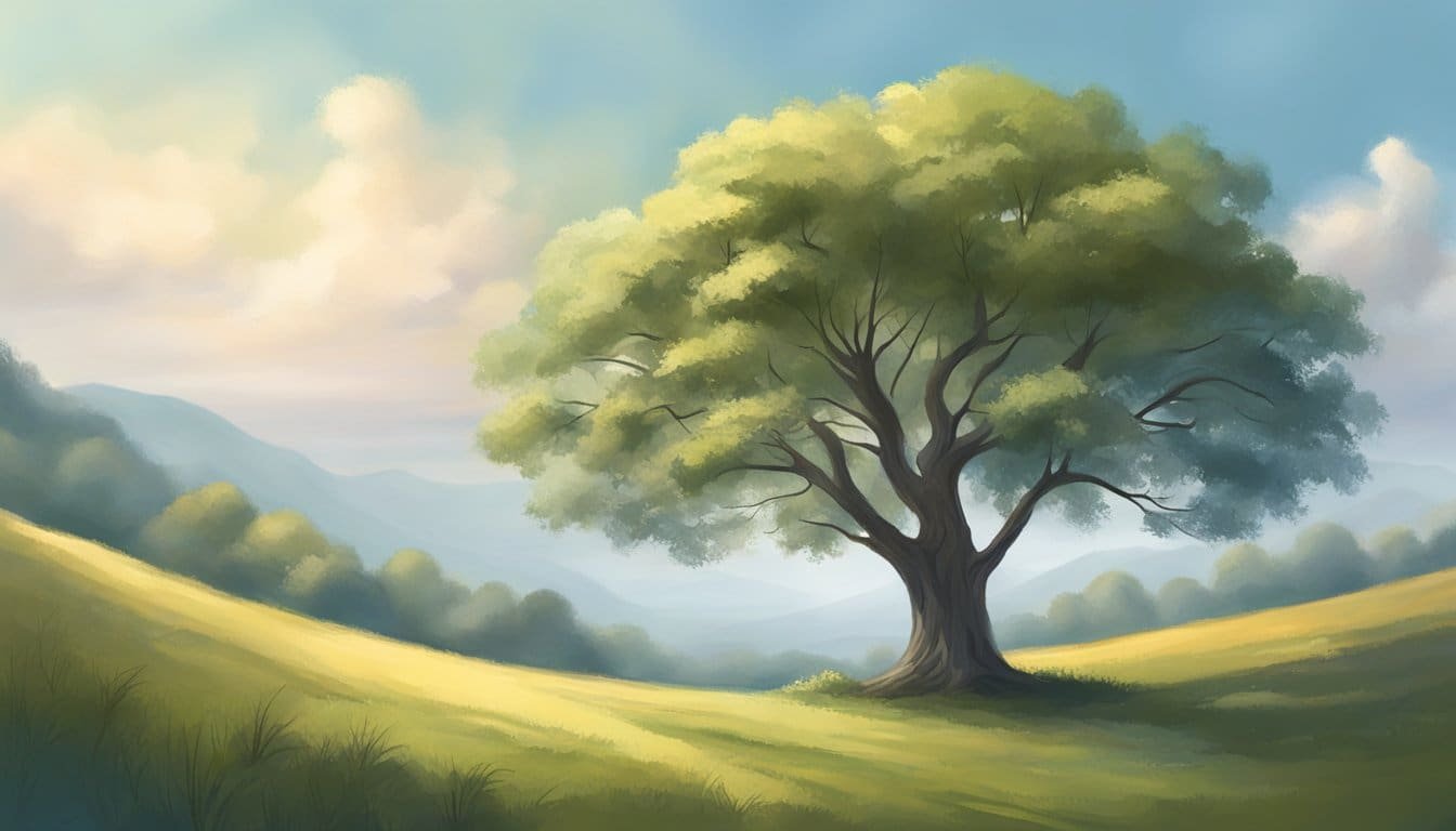 A serene landscape with a calm, still atmosphere. A single tree stands tall, with branches reaching towards the sky. The scene exudes a sense of patience and waiting