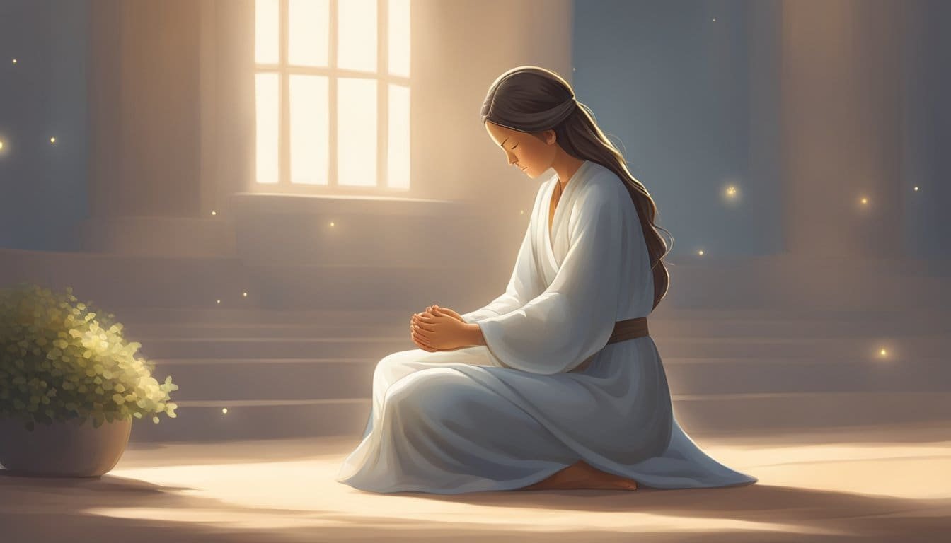 A serene figure kneels in prayer, surrounded by a soft glow. The figure's eyes are closed, and a sense of calm and surrender is evident in their posture. The atmosphere is peaceful and filled with a feeling of trust and patience