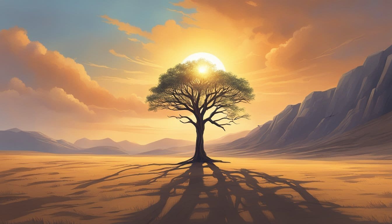 A lone tree stands tall in a barren landscape, its branches reaching towards the sky. The sun sets in the distance, casting a warm glow over the scene