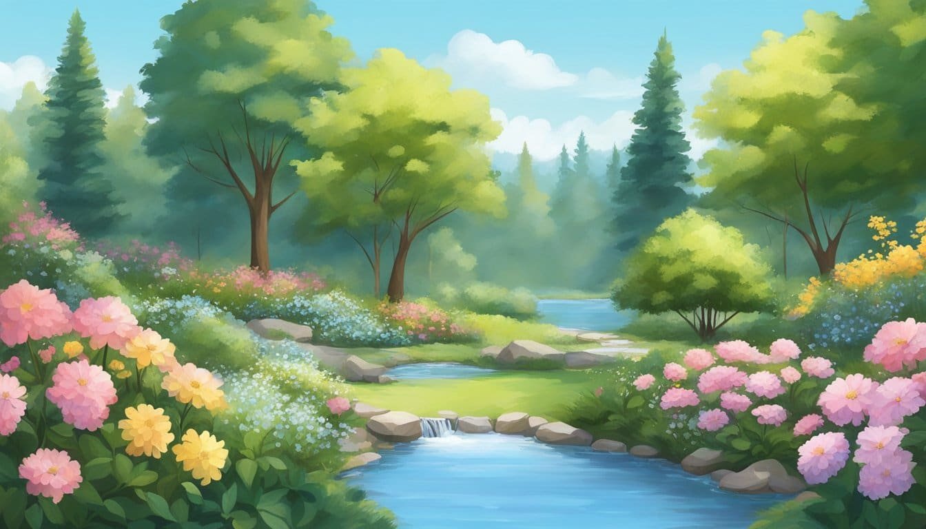 A serene garden with blooming flowers and a peaceful stream, surrounded by tall trees and a clear blue sky