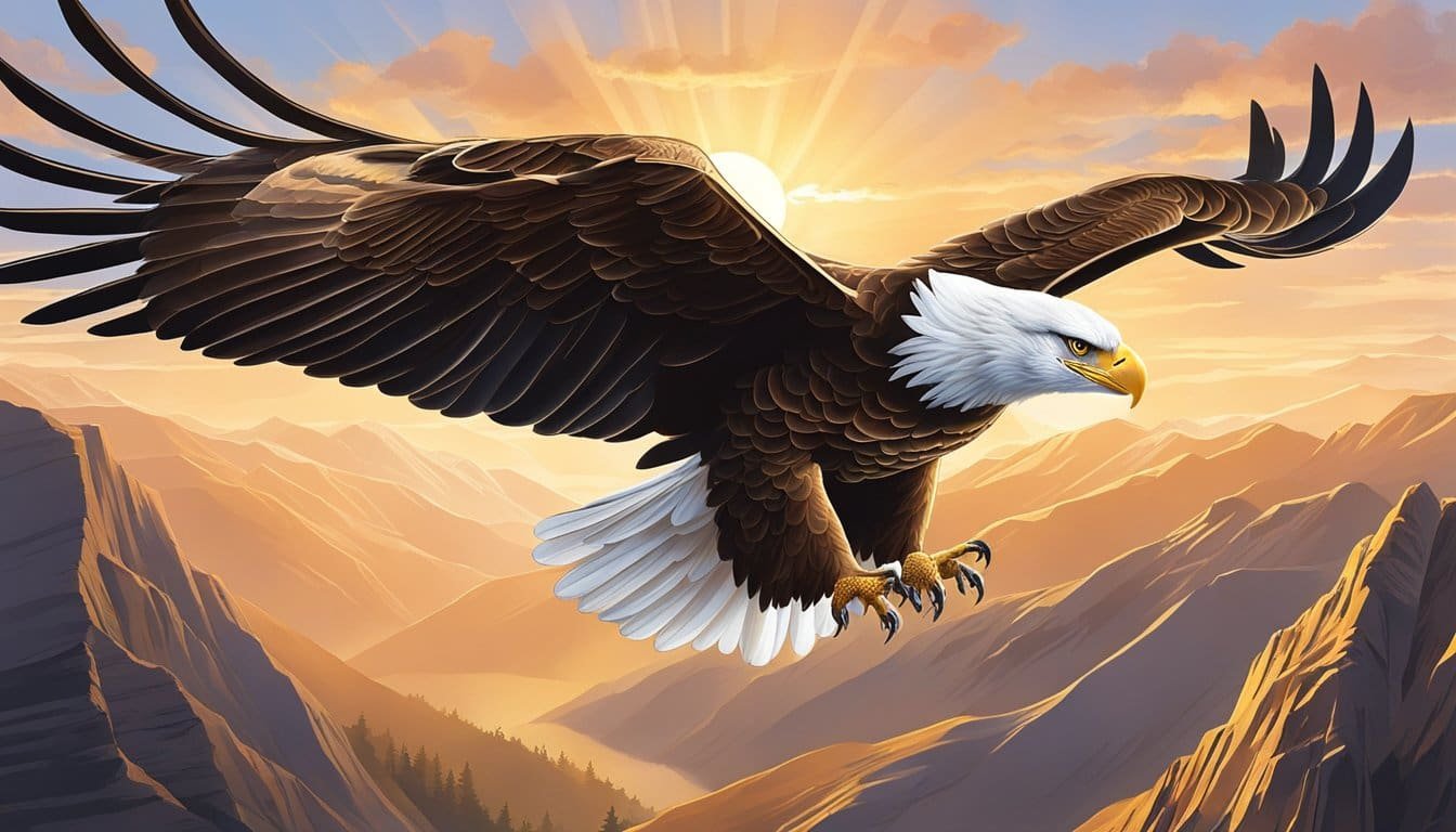 A majestic eagle soars high above the mountains, its powerful wings outstretched as it glides effortlessly through the sky. The sun's rays illuminate its feathers, creating a breathtaking display of strength and grace