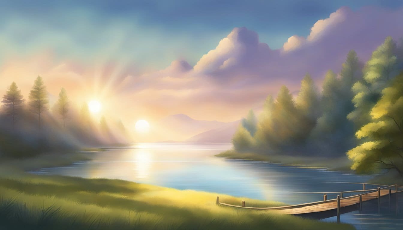 A serene setting with a beam of light shining down on a tranquil scene, symbolizing inner peace and calmness