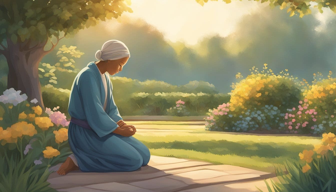 A figure kneels in a peaceful garden, eyes closed in prayer. The sun casts a warm glow as they seek patience and trust in divine timing