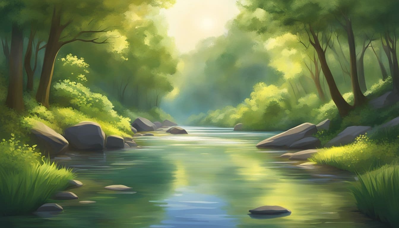 A serene river flows peacefully, surrounded by lush greenery, as the sunlight gently illuminates the scene