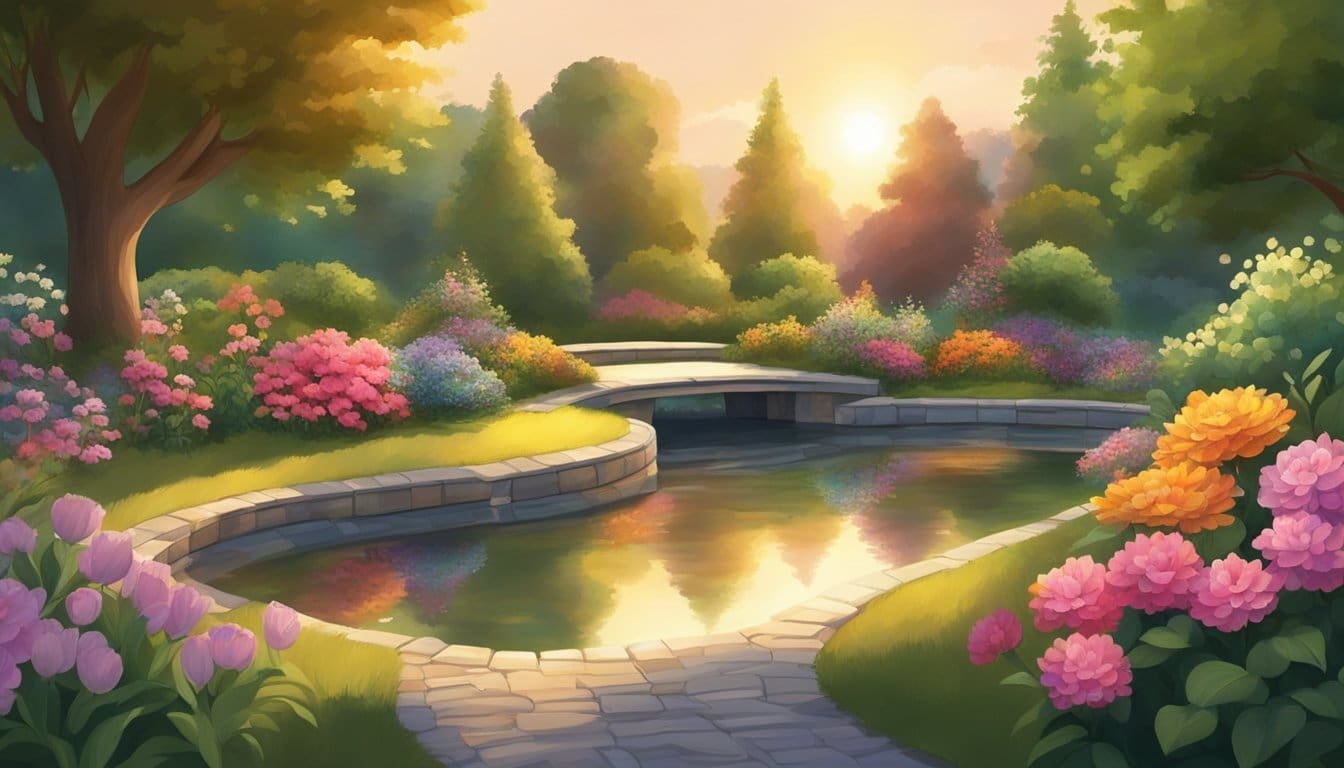 A tranquil garden with a peaceful pond, surrounded by lush greenery and colorful flowers. The sun is setting, casting a warm glow over the scene