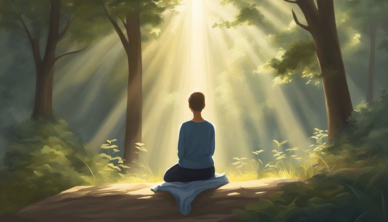 A figure kneels in a peaceful, sunlit space, head bowed in prayer. Rays of light filter through the trees, casting a serene glow. The scene exudes a sense of patience and calm, capturing the essence of waiting for strength