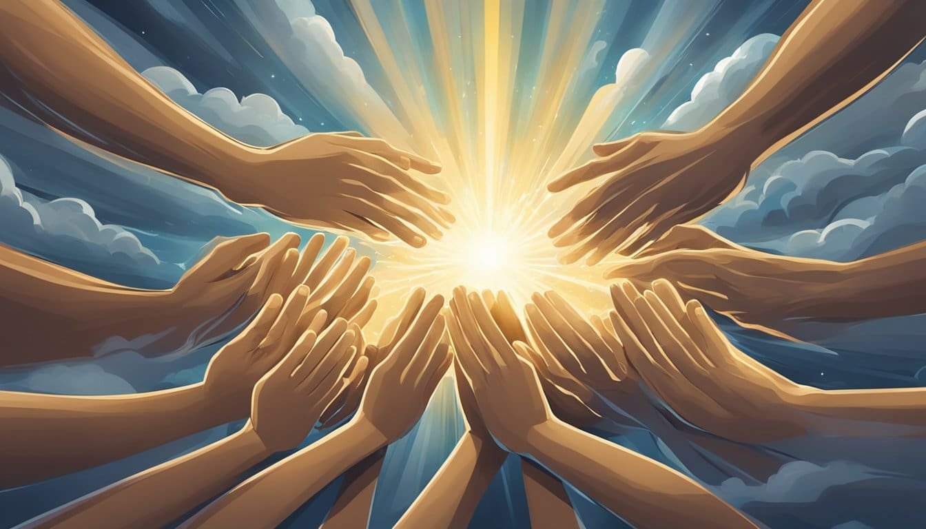 A group of hands clasped in prayer, surrounded by a swirling storm of conflicting emotions and thoughts. Rays of light breaking through the clouds symbolize hope and understanding