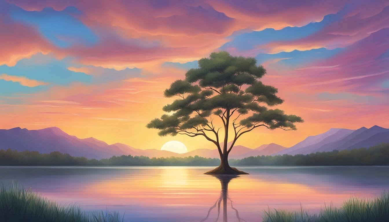 A serene sunset over a calm, still lake, with a lone tree standing tall against the colorful sky, evoking a sense of peace and patience