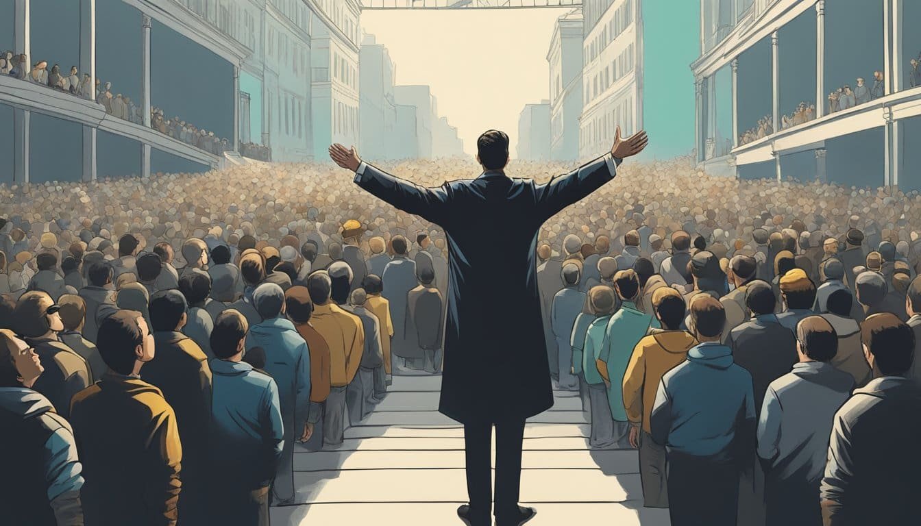 A figure stands with arms outstretched, surrounded by a crowd. The setting is somber, with a sense of conflict and misunderstanding in the air
