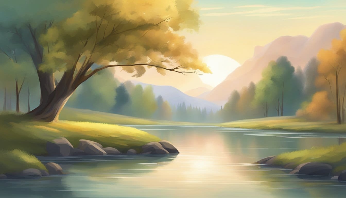 A tranquil scene with a peaceful atmosphere, perhaps a serene landscape with soft, calming colors and gentle movements, such as a flowing stream or swaying trees