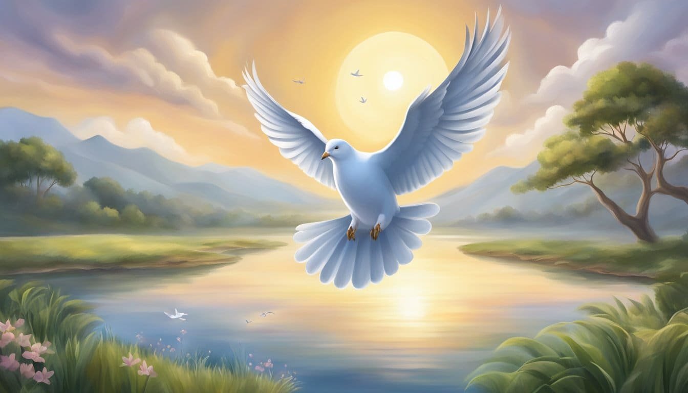 A serene landscape with a dove flying over a peaceful scene, symbolizing understanding and resolution in conflict