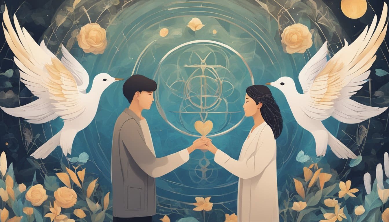 A tranquil scene with two individuals facing each other, surrounded by symbols of peace and understanding