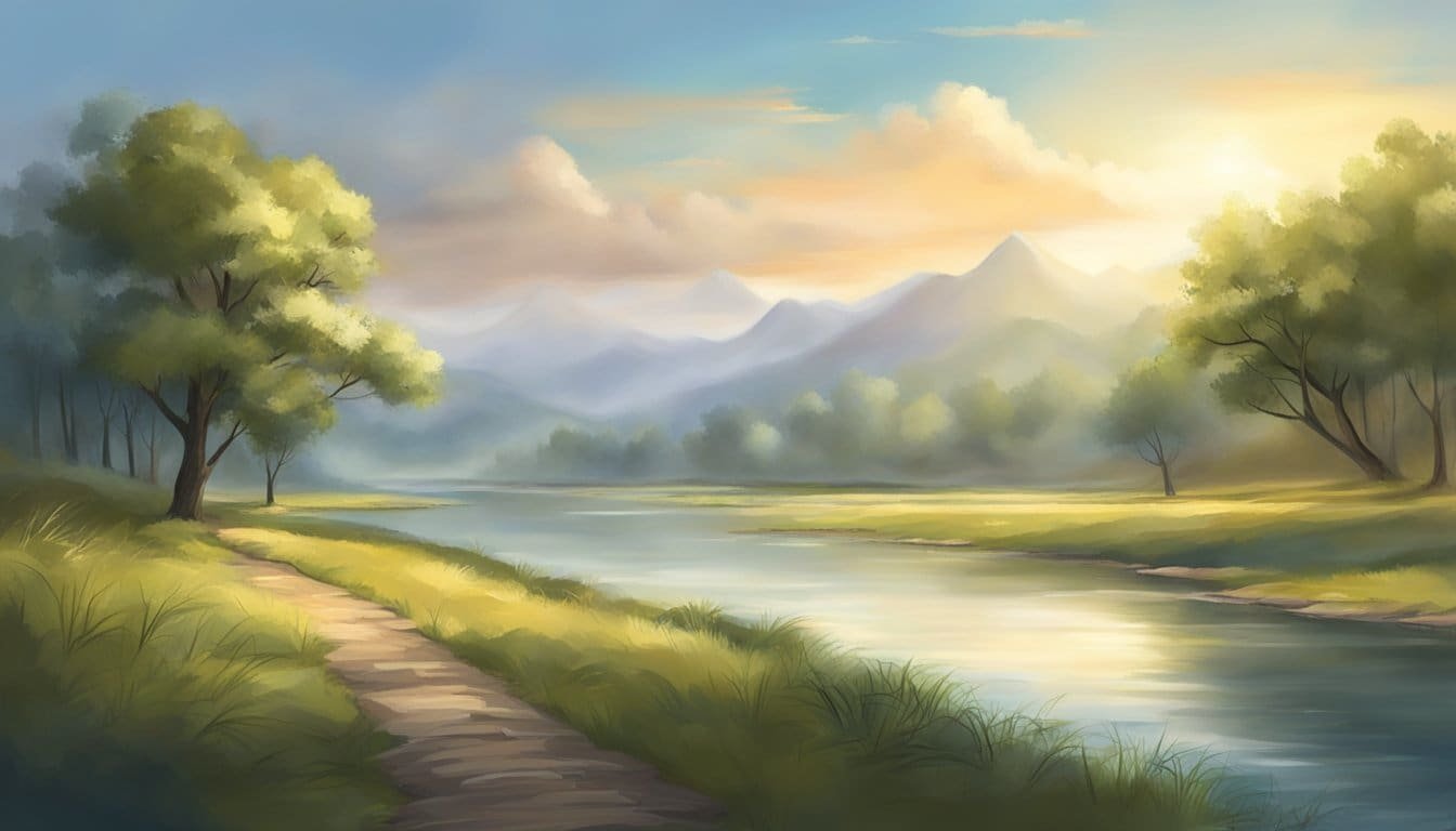 A serene landscape with a peaceful atmosphere, symbolizing the idea of refraining from retaliation and striving for righteousness in the face of conflict