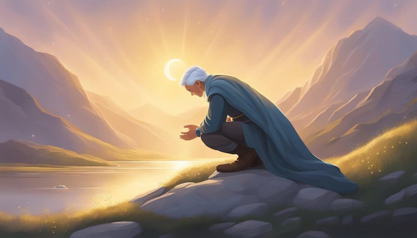 A figure stands in a peaceful setting, surrounded by light and calmness. The figure radiates forgiveness and compassion, symbolizing the act of praying for one's enemies