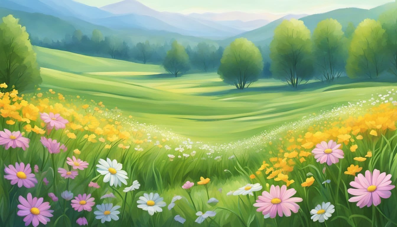A serene meadow with gentle, bending flowers, symbolizing patience and love