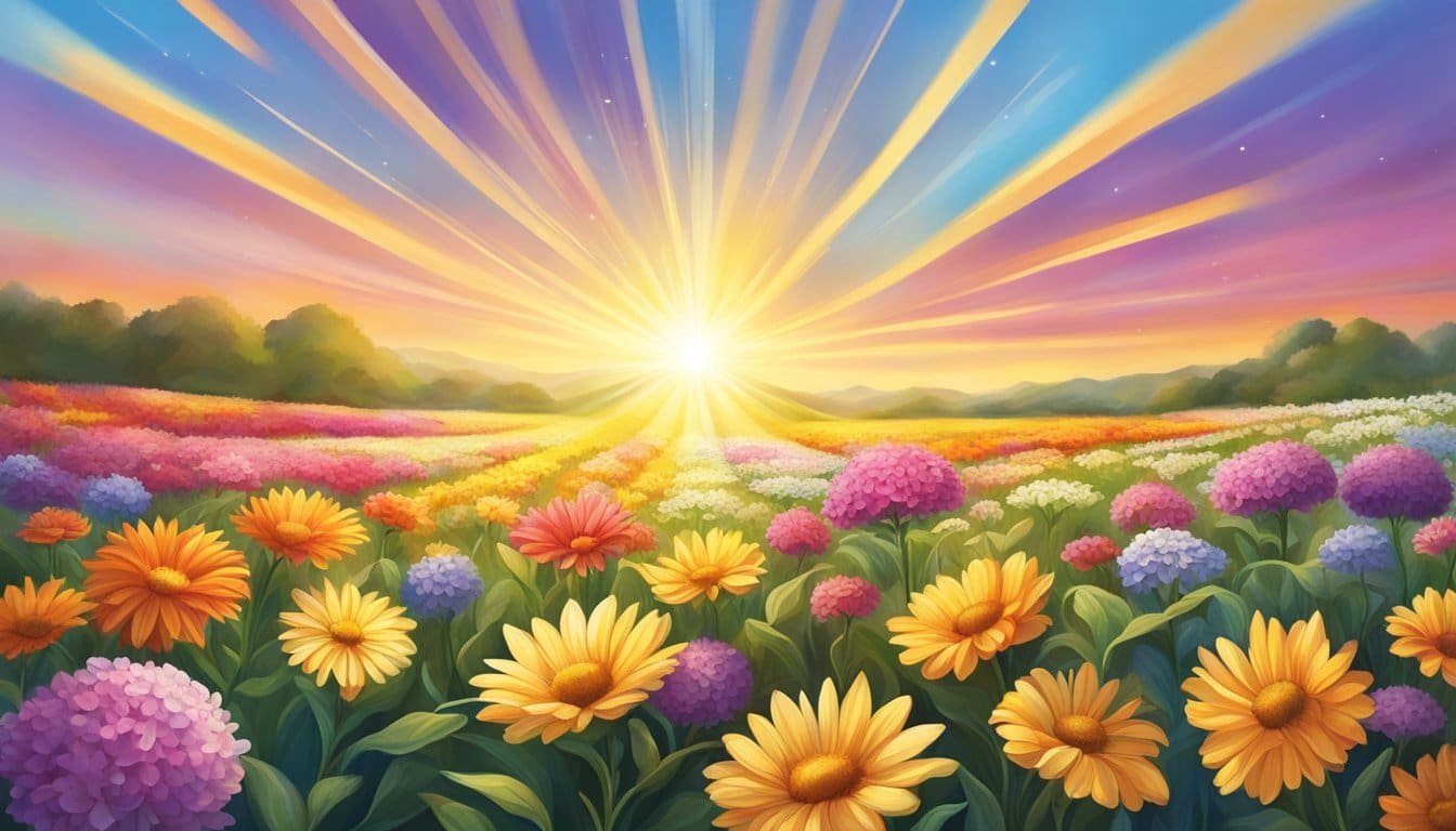 A radiant sunbeam shines down on a field of vibrant flowers, filling the air with a sense of joy and strength