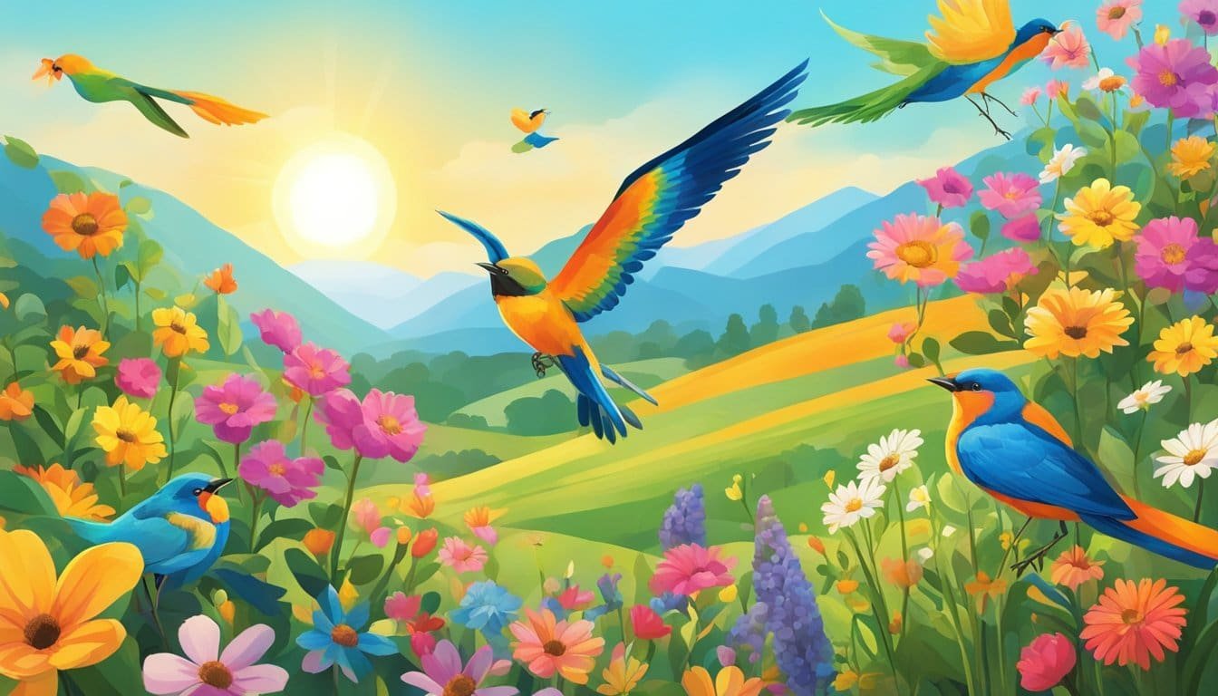 A vibrant scene of nature with colorful flowers, birds, and a bright sun shining down, evoking a sense of joy and celebration