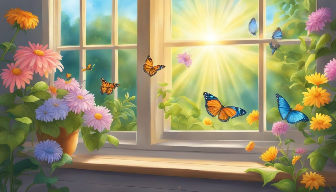 A bright sunbeam shines through a window onto a blooming flower, surrounded by colorful butterflies and birds in a peaceful garden setting