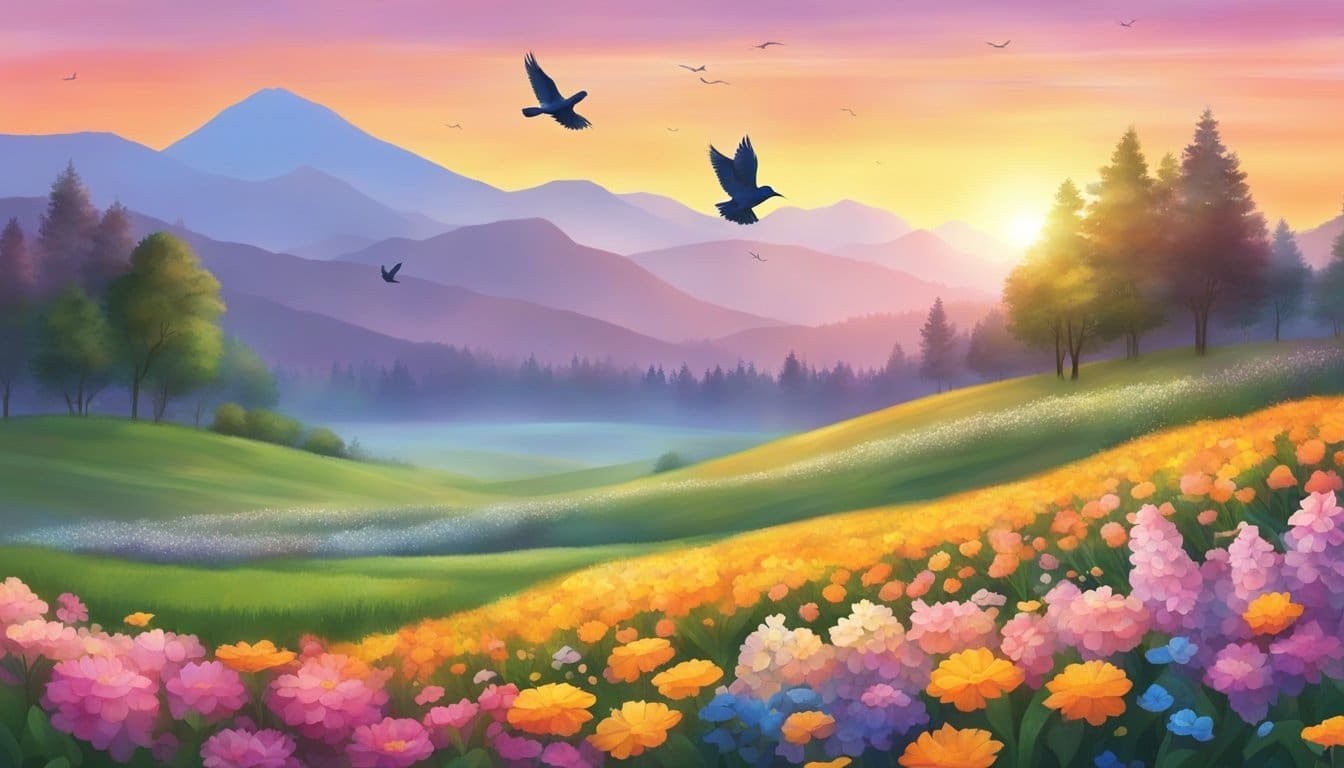 A vibrant sunrise over a peaceful landscape, with birds singing and flowers blooming, symbolizing joy and gratitude