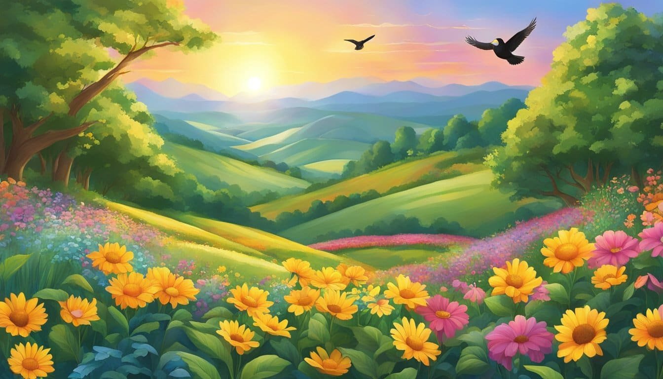 A radiant sun rises over a lush landscape, filling the sky with vibrant colors. Flowers bloom and birds sing, creating a scene of abundant joy and gratitude