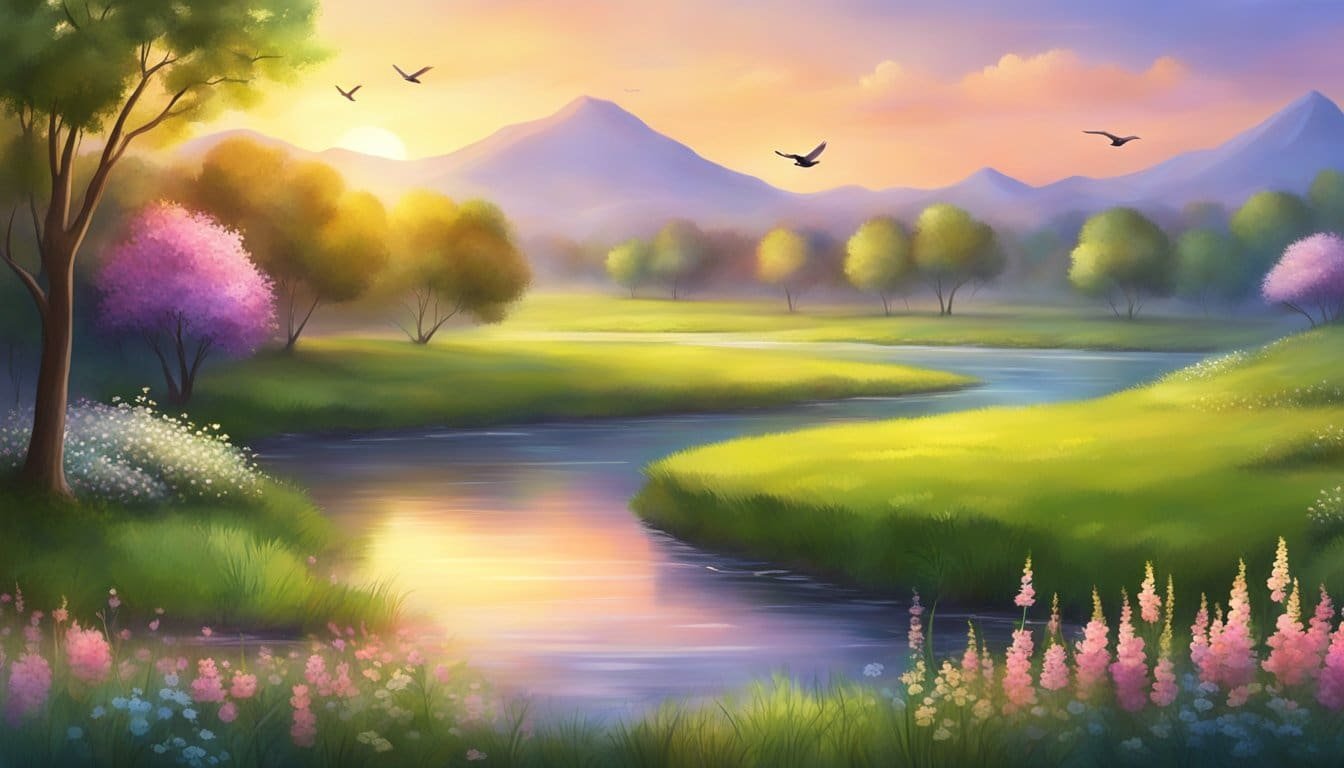 A serene landscape with a vibrant sunset, a calm flowing river, and a lush green meadow, surrounded by blooming flowers and chirping birds