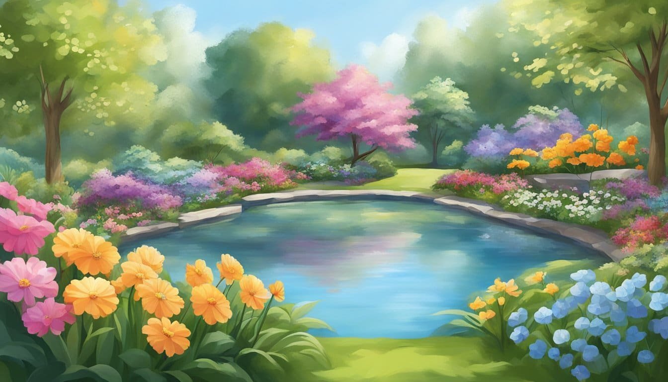 A serene garden with colorful flowers and a tranquil pond, surrounded by gentle sunlight and a clear blue sky, evoking a sense of peace and joy