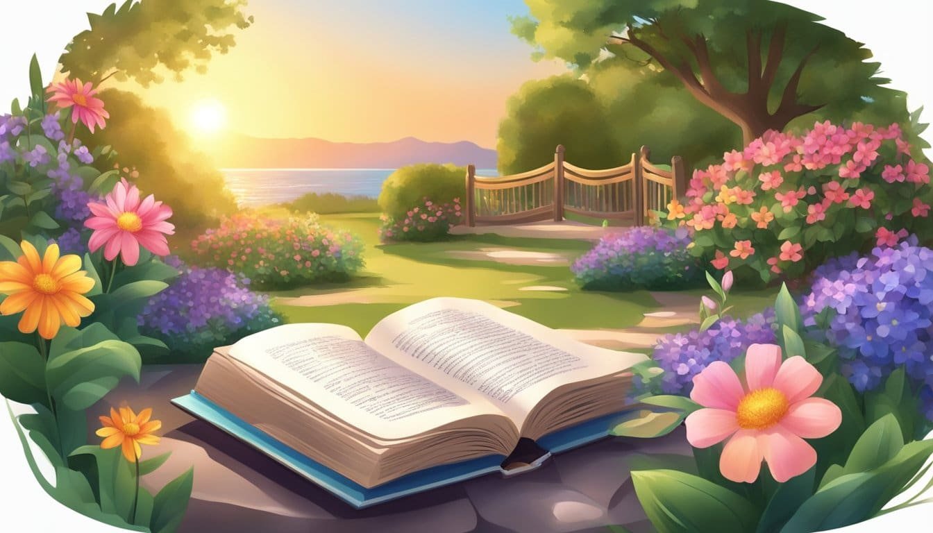 A serene garden with colorful flowers and a peaceful sunset, with a glowing light shining down on a beautiful, open book of prayers for a joyful heart