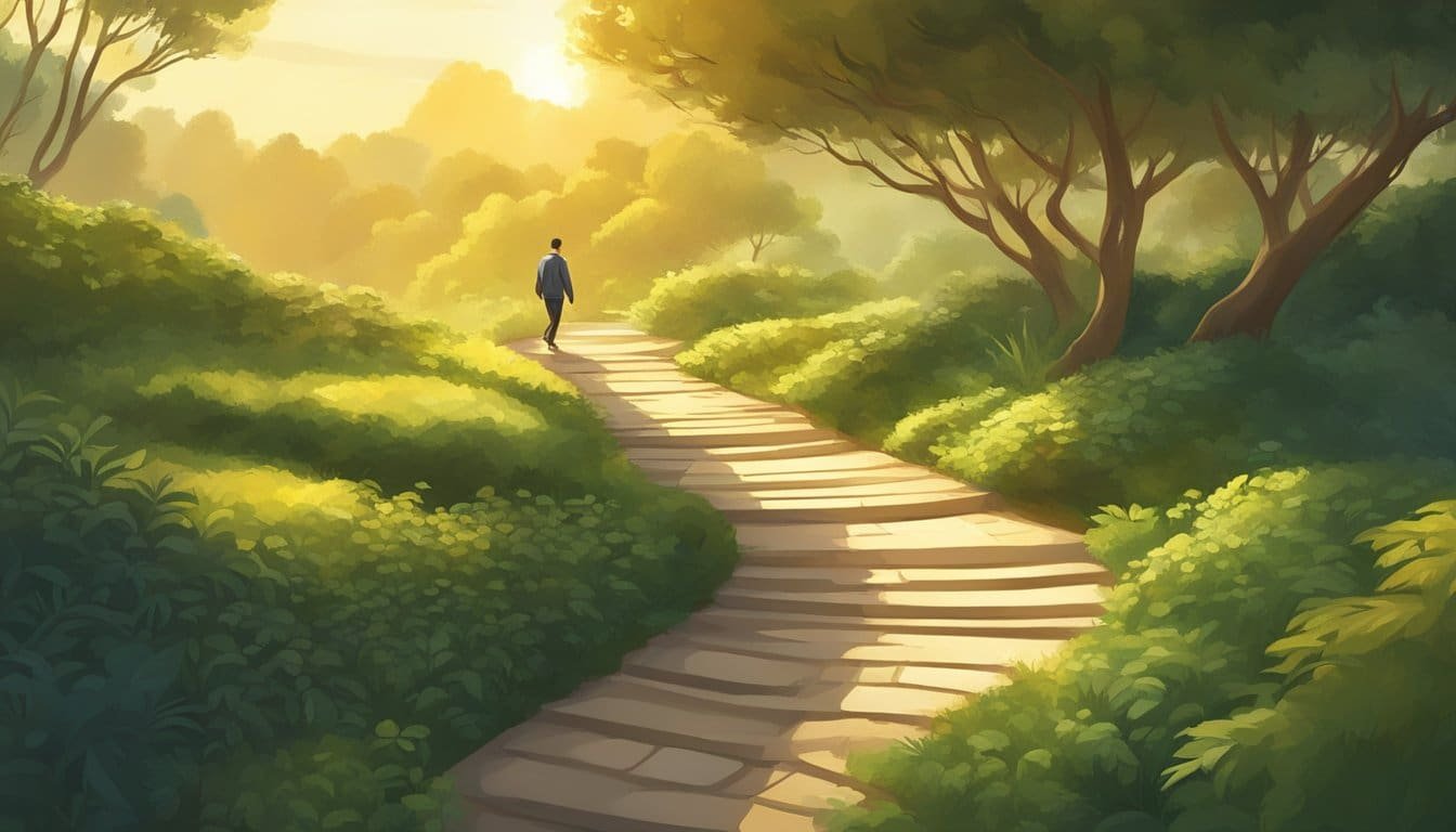 A figure walks along a winding path, surrounded by lush greenery and a warm, golden light shining down from above